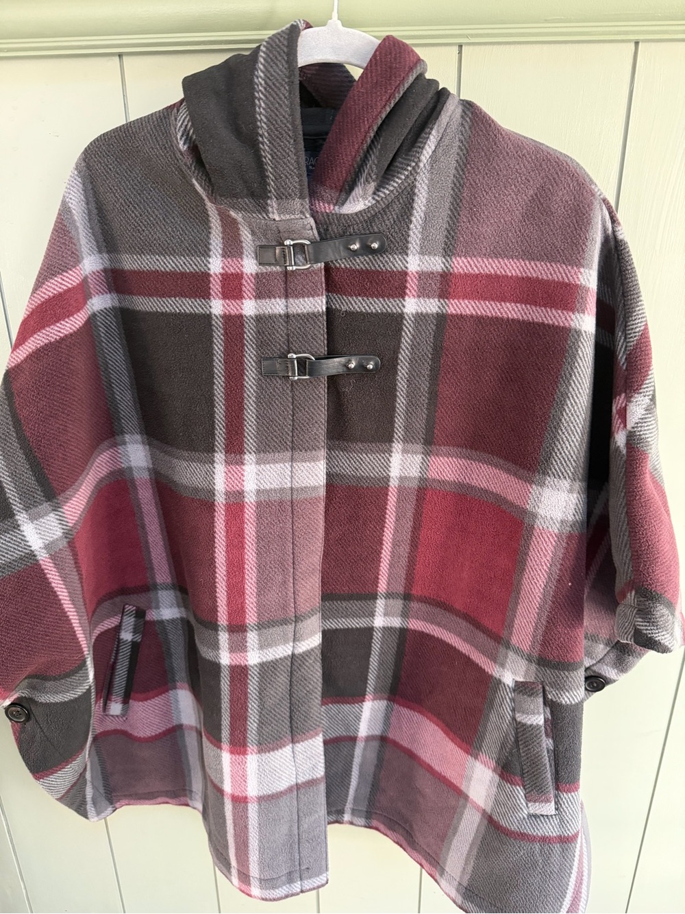 Women’s Plaid Hooded Cape Jacket in Burgundy and Gray. L/XL